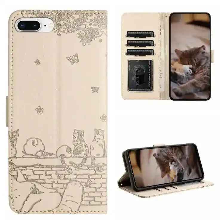 Cat Embossing Pattern Leather Phone Case with Lanyard