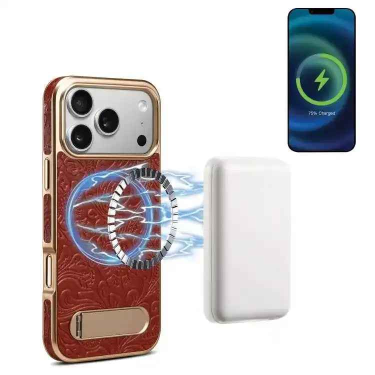 Denior A25 Retro Flower Texture MagSafe Genuine Leather Phone Case with Holder