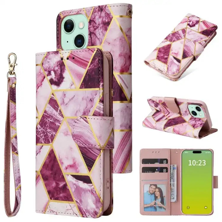 Marble Bronzing Stitching Leather Phone Case