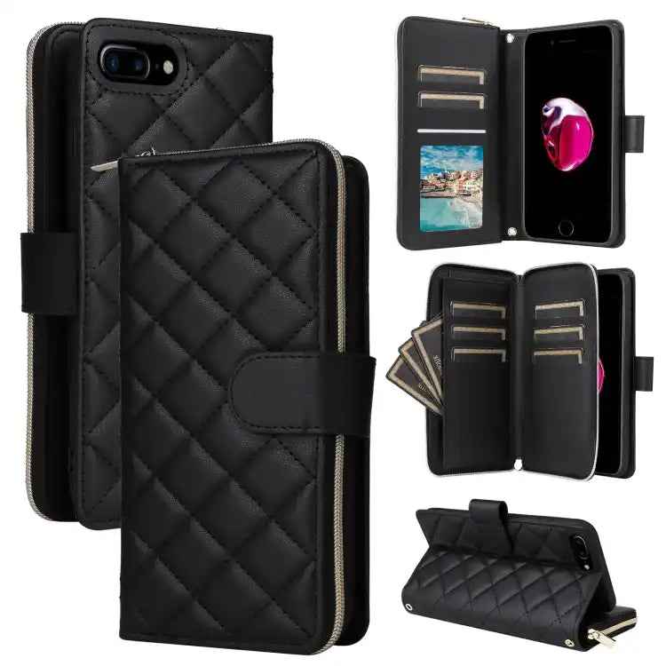Crossbody Rhombic Zipper Tower Buckle Leather Phone Case with Lanyard