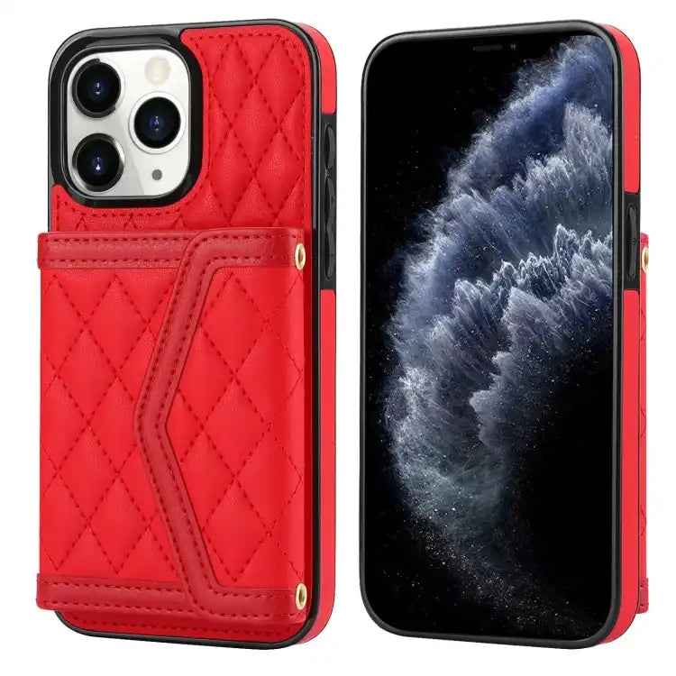 Splicing Rhombic Texture Card Bag Phone Case with Long Lanyard
