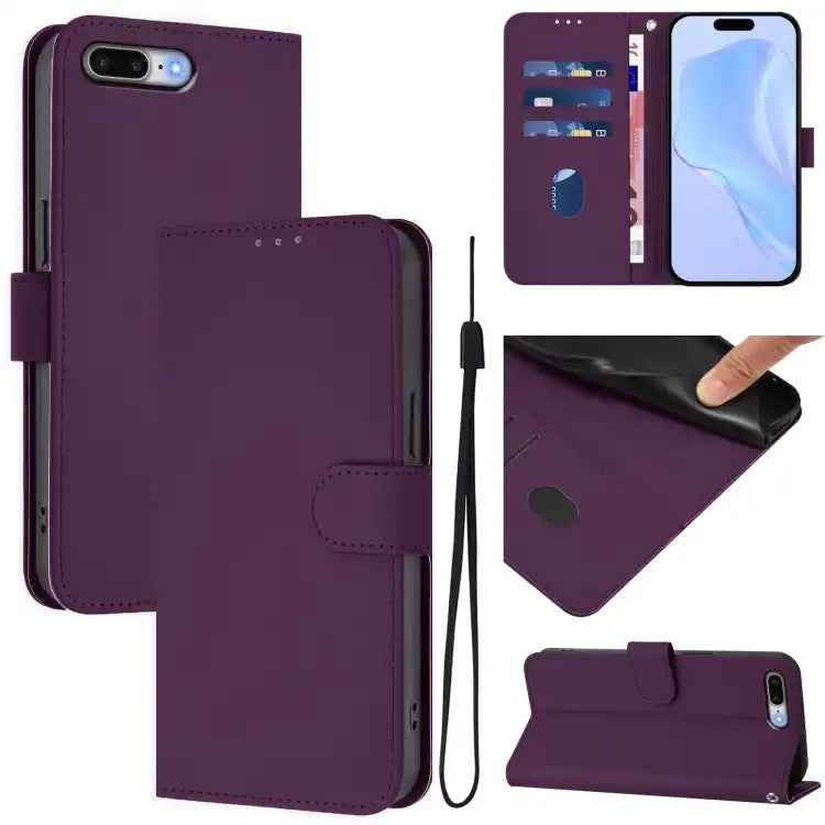 Skin Feel Solid Color Leather Phone Case with Lanyard