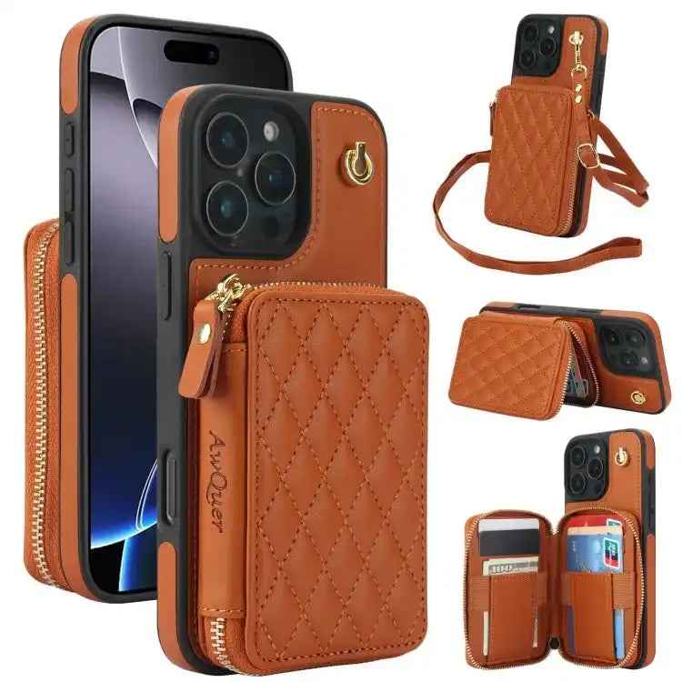 AwQuer Crossbody Zipper Wallet Rhombic Leather Back Phone Case