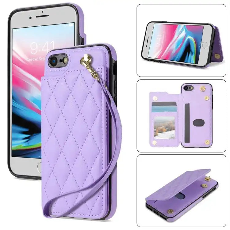 Rhombic Dual Buckle Card Slots Phone Case with Lanyard