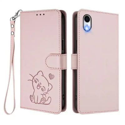 Embossed Heart Cat Leather Phone Case with Hand Strap