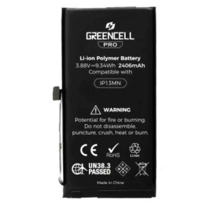 Greencell PRO Series- iPhone 13 mini Replacement Battery with Adhesive Strips 2406mAh TI chip -27546-A3 IC & Original Cell