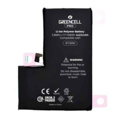 Greencell PRO Series- iPhone 15 Pro Max Replacement Battery with Adhesive Strips 4422mAh TI chip -27546-A3 IC & Original Cell