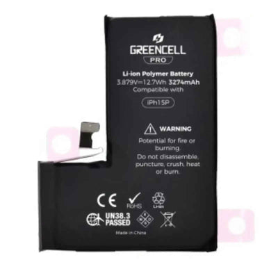 Greencell PRO Series- iPhone 15 Pro Replacement Battery with Adhesive Strips 3274mAh TI chip -27546-A3 IC & Original Cell