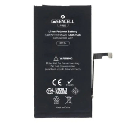 Greencell PRO series- iPhone 15 Plus Replacement Battery with Adhesive Strips 4383mAh TI chip -27546-A3 IC & Original Cell GREENCELL