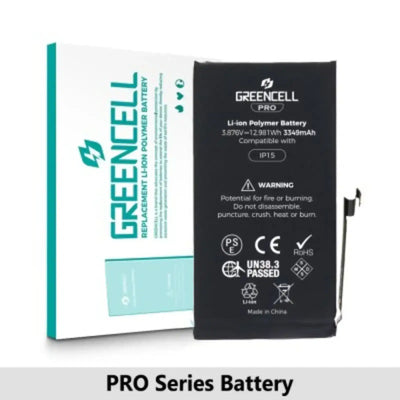 Greencell PRO series-iPhone 15 Replacement Battery with Adhesive Strips 3349mAh TI chip -27546-A3 IC & Original Cell GREENCELL