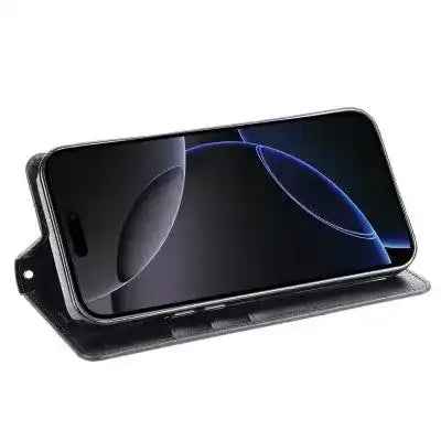 Hanman PU Flip Leather Wallet Cover Case for iPhone 16 Pro Max-Black