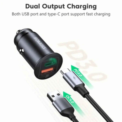 Romoss AU30T 30W USB & Type C Port Quick Charge 3.0 PD Car Adapter