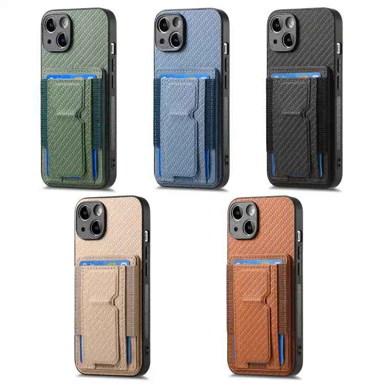 Carbon Fiber Fold Stand Elastic Card Bag Phone Case