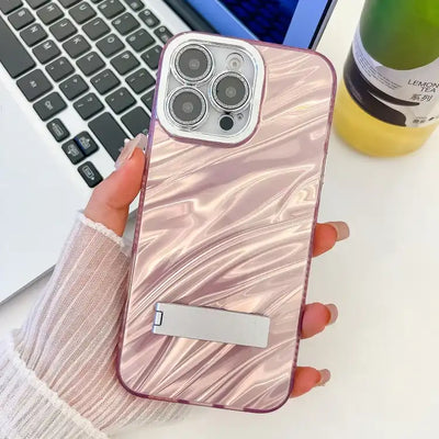 Plating Glitter Texture Fold Holder TPU Phone Case with Lens Film