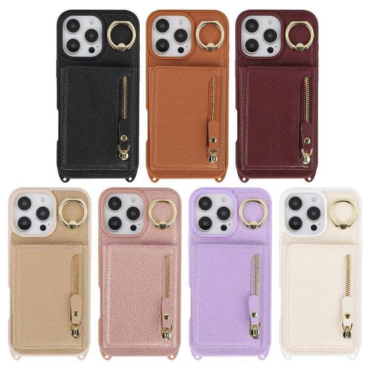 Crossbody Zipper Wallet Ring Holder Litchi Leather Phone Case