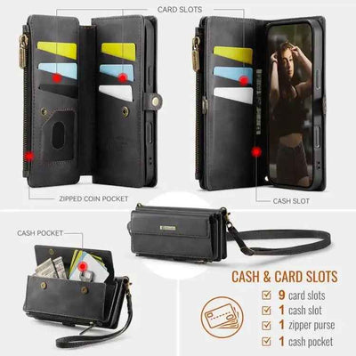 CaseMe C39 RFID Blocking Zipper Wallet Leather Phone Case with Crossbody Strap