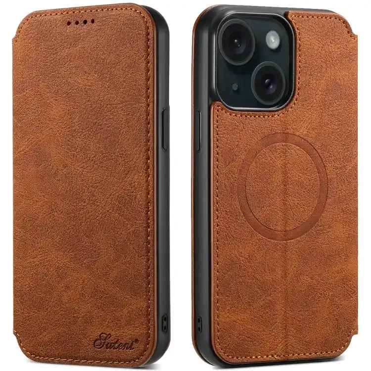 Suteni J06 Retro Matte Litchi Texture Leather MagSafe Phone Case
