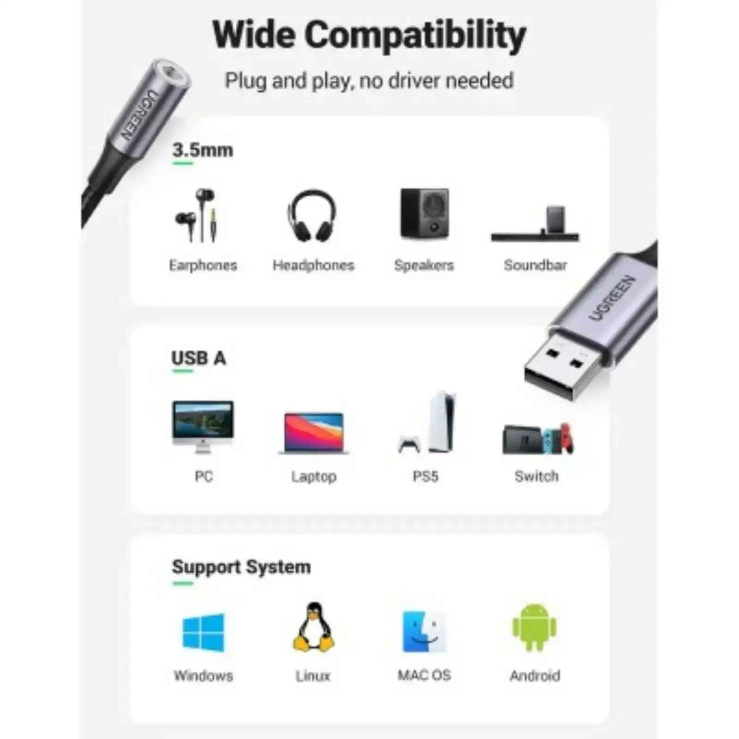 UGREEN CM477 USB 2.0 to 3.5mm Audio Adapter 25cm-Dark Gray