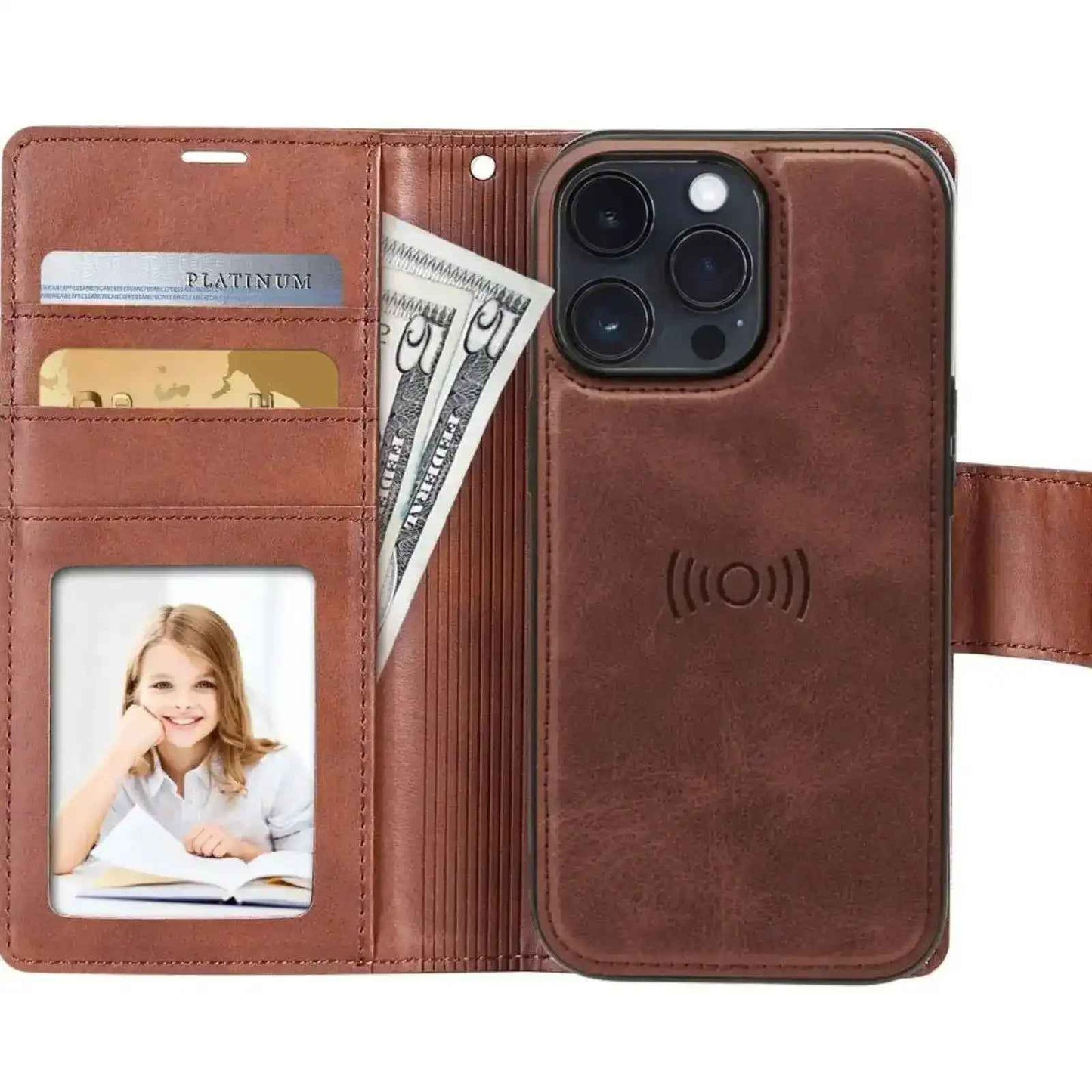 Hanman 2 in 1 Detachable Magnetic Flip Leather Wallet Cover Case for iPhone 15 Pro Max