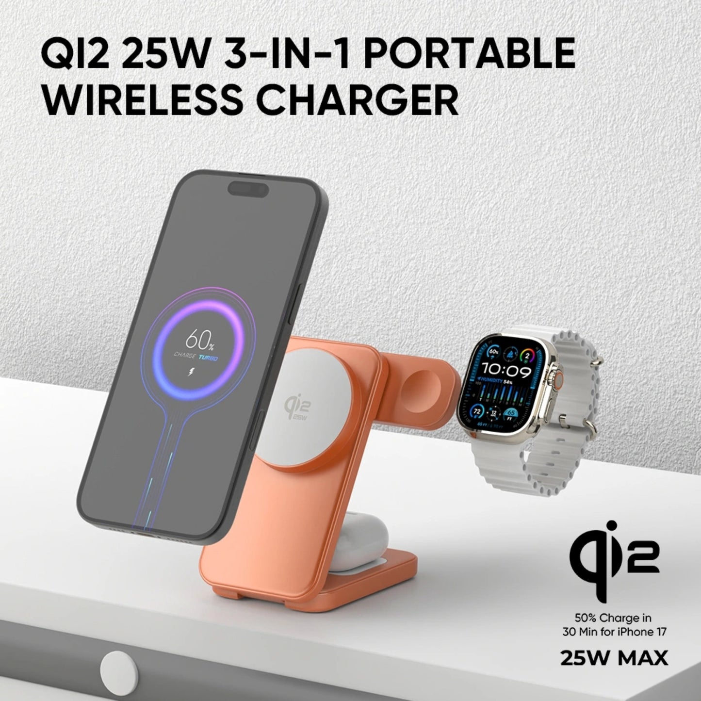 REDEFYNE Qi2.2 25W 3-IN-1 Portable Wireless Charger - Orange (with 45W USB-C Charger Plug & 1M USB-C Cable) (Compatible with Apple Watch)