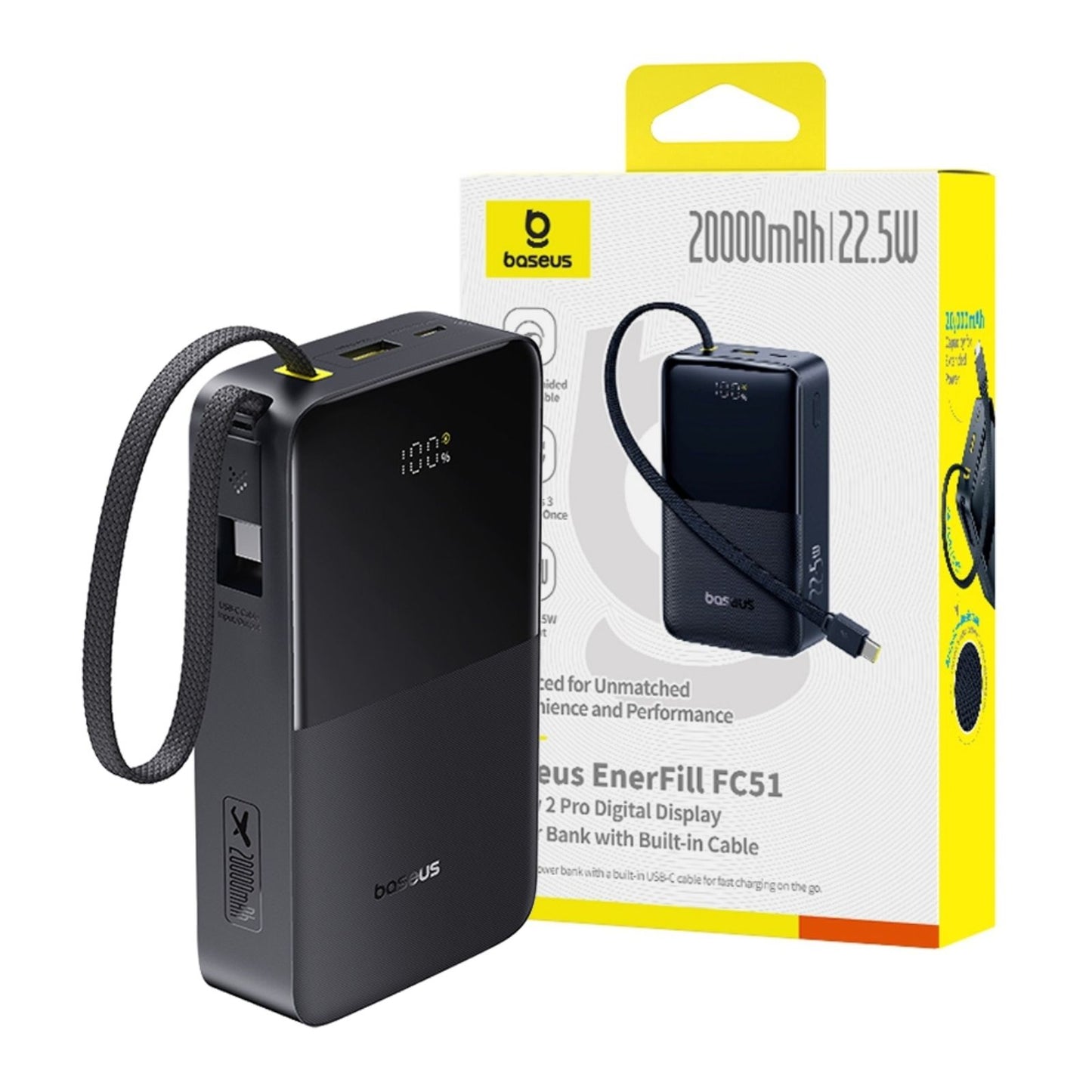 Baseus EnerFill FC51 Bipow2 Pro Digital Display Power Bank with Built-in Cable 20000mAh 22.5W