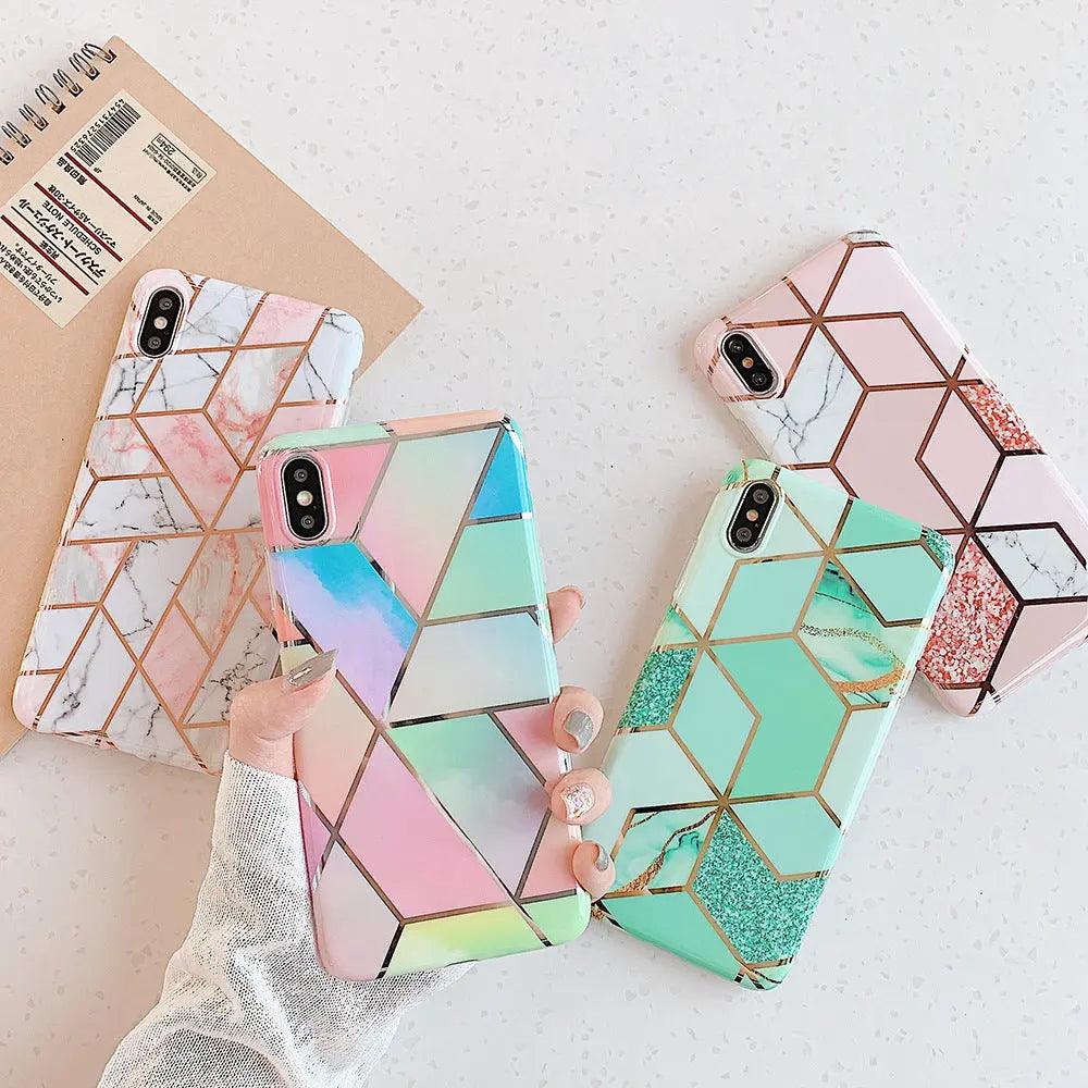 Compatible with Apple , Retro Geometric Marble Silicone Electroplated Mobile Phone Case Online Only