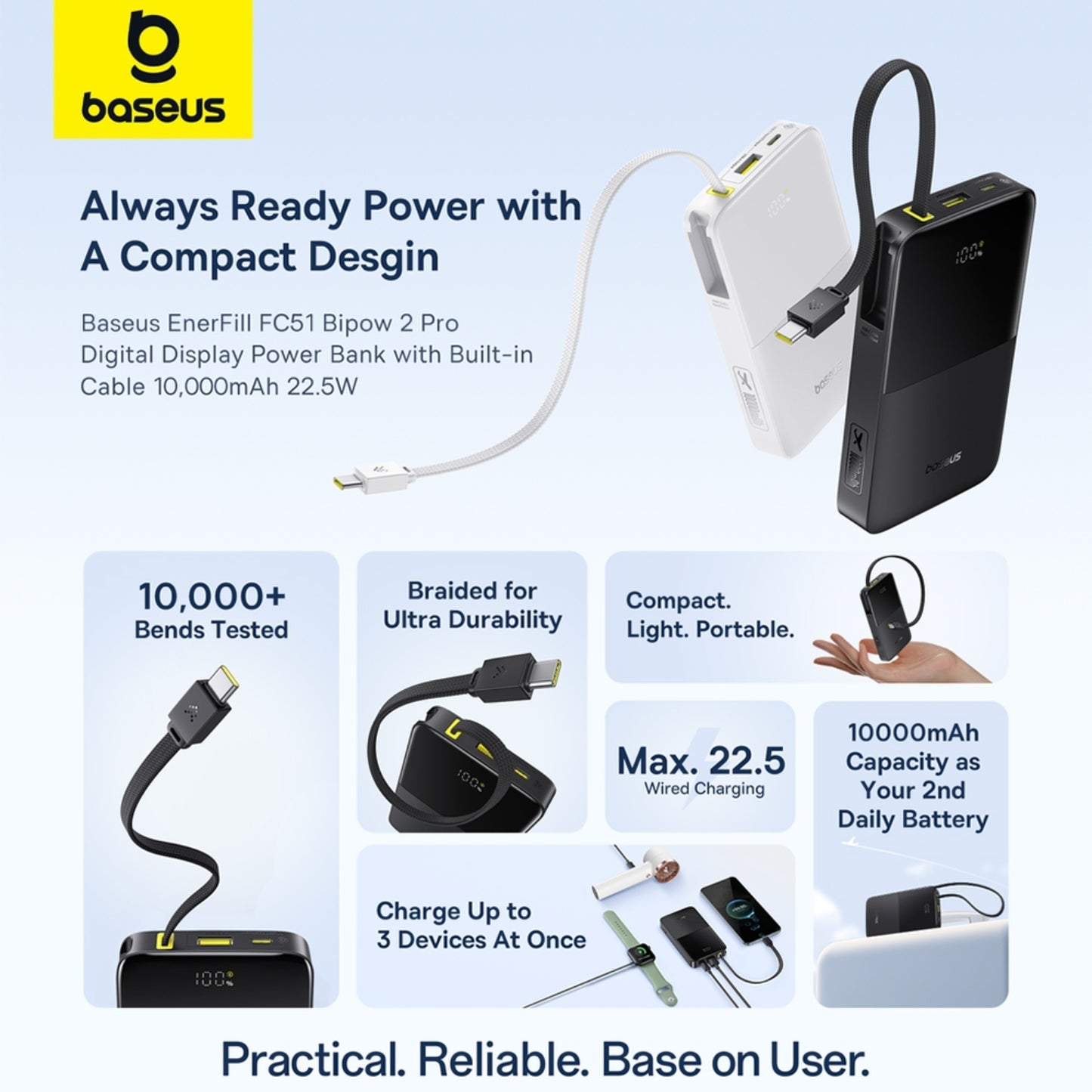 Baseus EnerFill FC51 Bipow2 Pro Digital Display Power Bank with Built-in Cable 10000mAh 22.5W