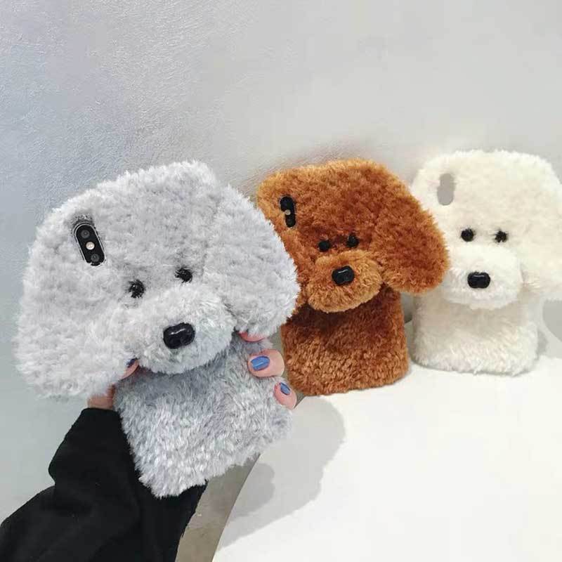 3D Plush Teddy Pet Dog Cute Soft Phone Case Back Cover For iPhone 15