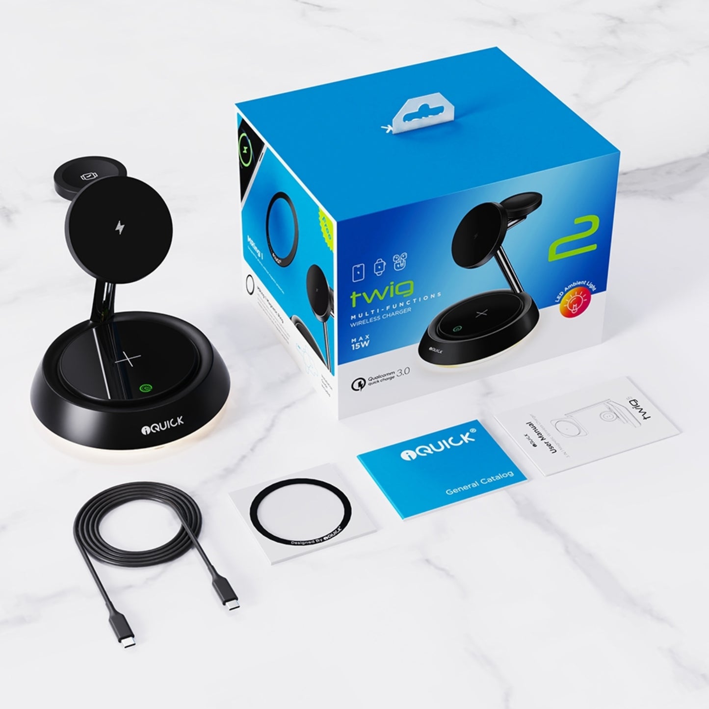 iQuick Twig 2 Multi Functions Wireless Charger With LED Ambient Light (Compatible with Apple Watch)