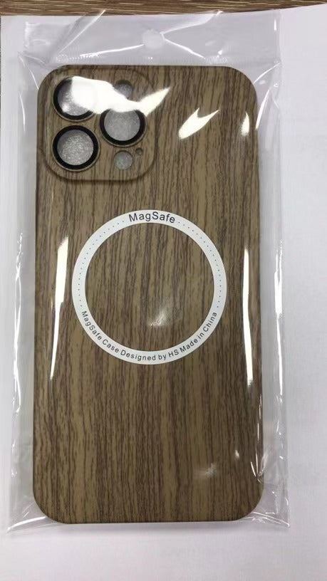 Lens Film Anti-fall Wood Grain Magnetic Wireless Phone Case For iPhone 16