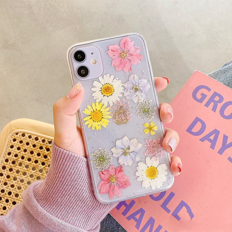 Compatible With  , Daisy Phone Case Real Flower Protective Cover For iPhone 14