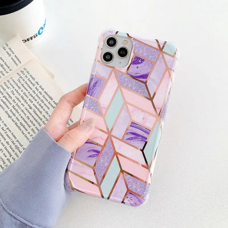 Mobile Phone Shell Electroplating Diamond-Shaped Marble Stitching All-Inclusive Anti-Fall New Protective Cover Online Only