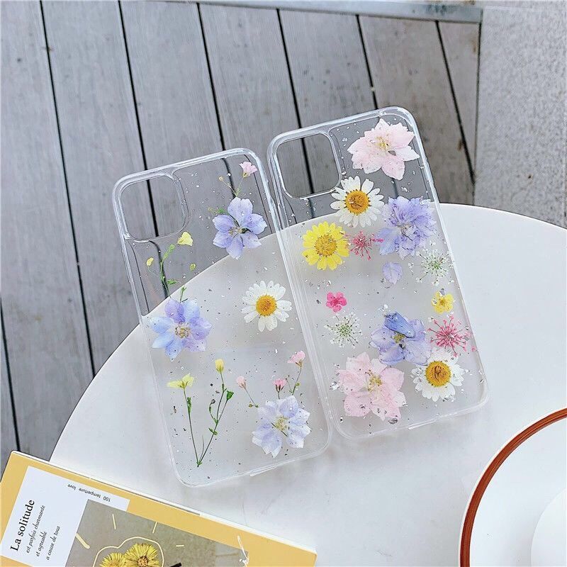 Fashion Glitter Real Dry Pressed Flower Phone Case Transparent Silicone Cover For iPhone 14