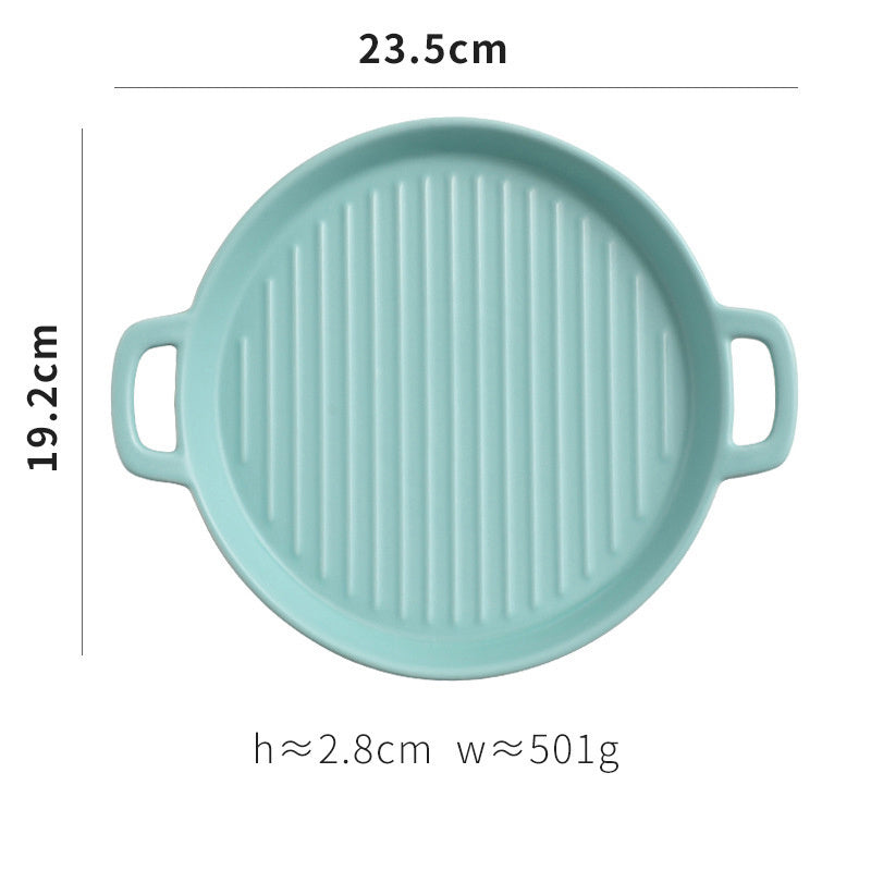 Binaural Baking Tray Pizza Tray Round Dish Plate Dish Creative Oven Ceramic Net Celebrity Tableware Microwave Flat Plate