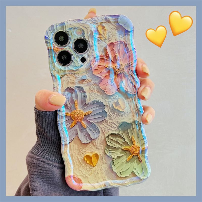 Blue Light Oil Painting Flower Phone Case For iPhone 14