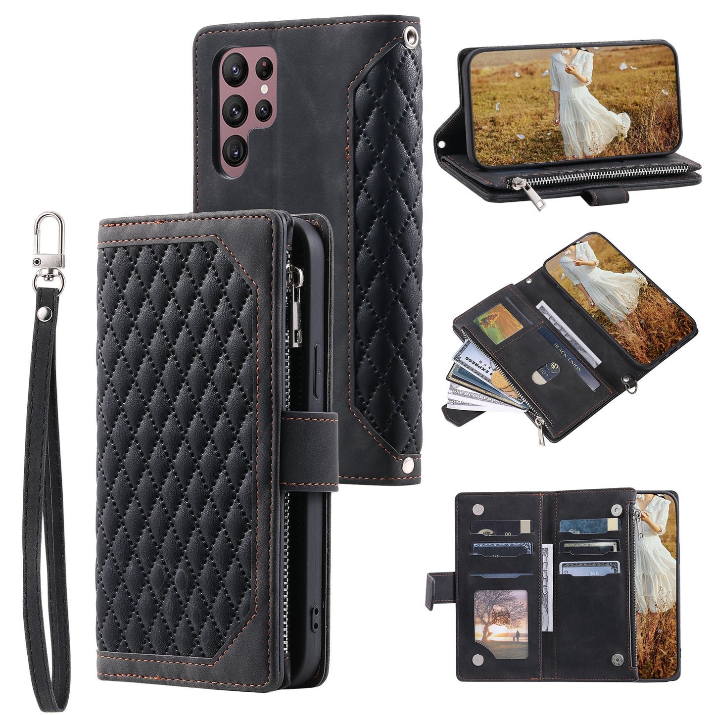 Crossbody Plaid Multi-functional Zipper Bag Mobile Phone Case For Samsung Galaxy S23