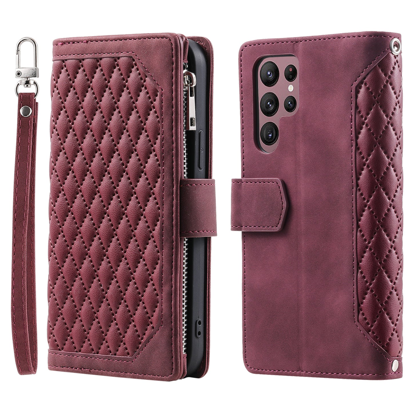 Crossbody Plaid Multi-functional Zipper Bag Mobile Phone Case For Samsung Galaxy S23