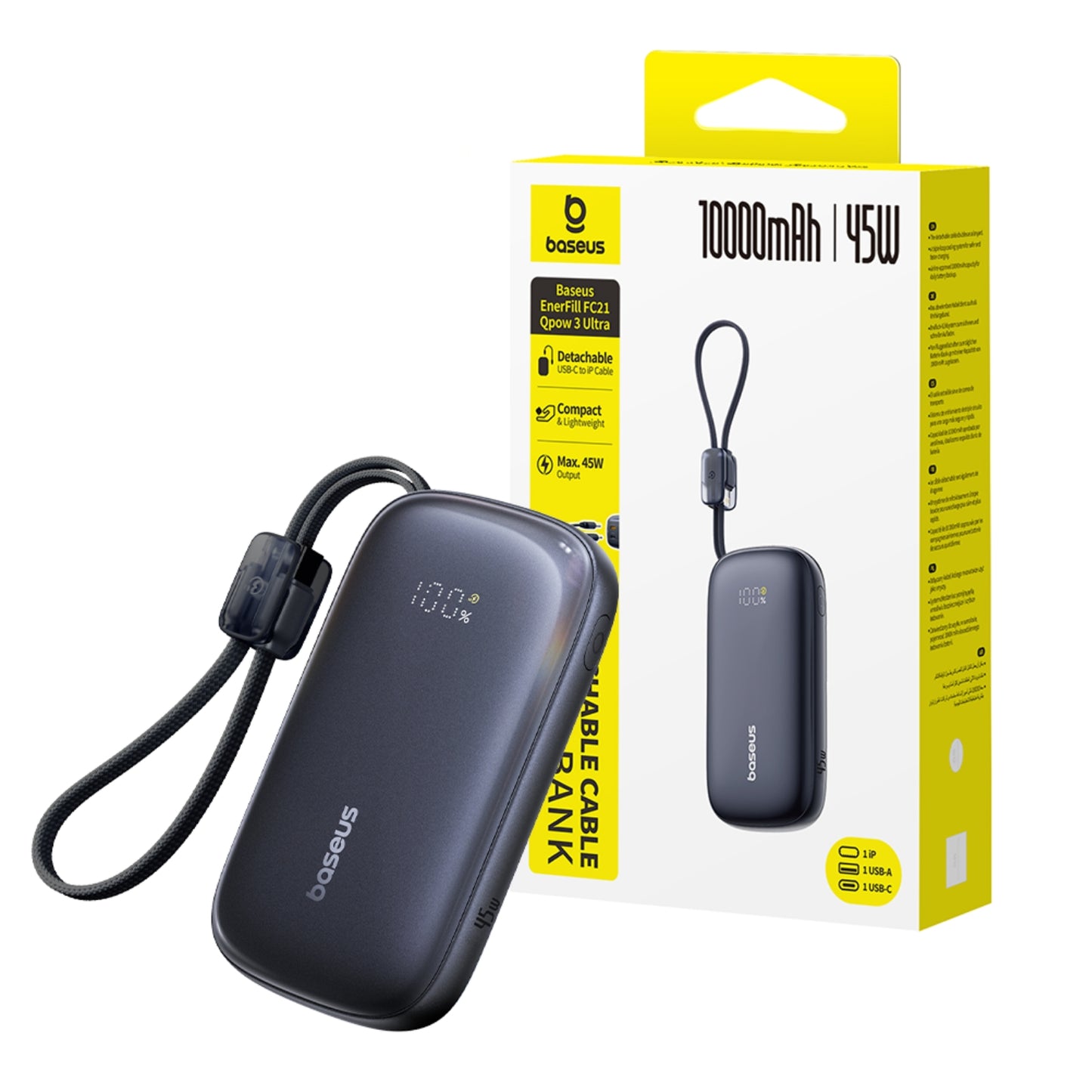 Baseus EnerFill FC21 Qpow 3 Ultra Digital Display Power Bank With Detachable Cable 10000mAh 45W