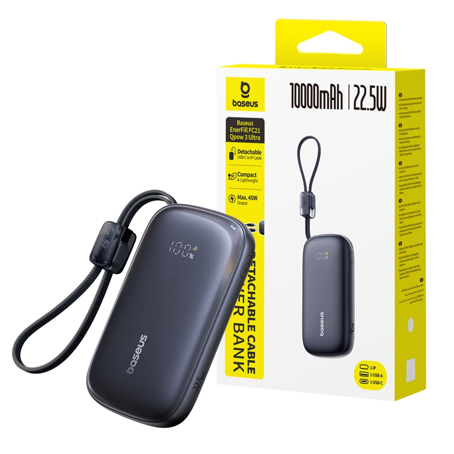 Baseus EnerFill FC21 Qpow 3 Ultra Digital Display Power Bank With Detachable Cable 10000mAh 22.5W