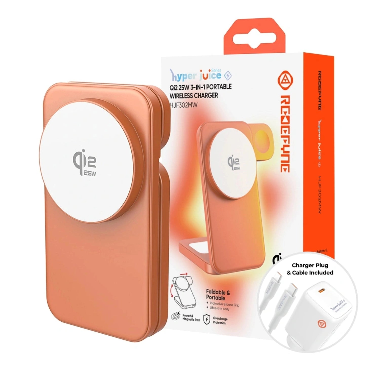 REDEFYNE Qi2.2 25W 3-IN-1 Portable Wireless Charger - Orange (with 45W USB-C Charger Plug & 1M USB-C Cable) (Compatible with Apple Watch)
