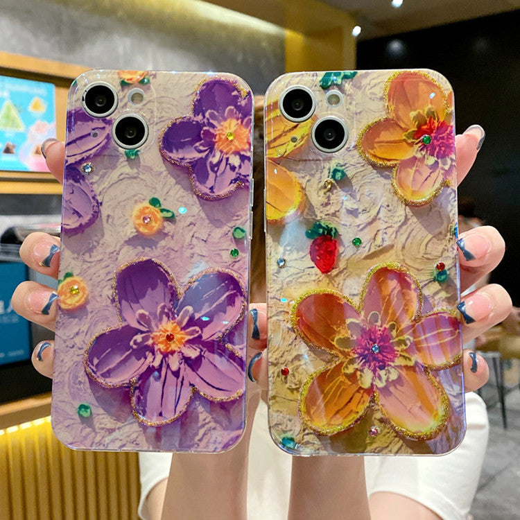 Mobile Phone Case Oil Painting Flower Blue Light Inlaid With Diamond Drop Glue Soft For iPhone 14