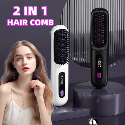 2 In 1 Straight Hair Comb Wireless Hair Straightener Brush Hair Fast Heating Portable Hot Curler USB Charging - MyMobile