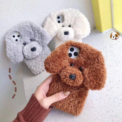 3D Plush Teddy Pet Dog Cute Soft Phone Case Back Cover For iPhone 15