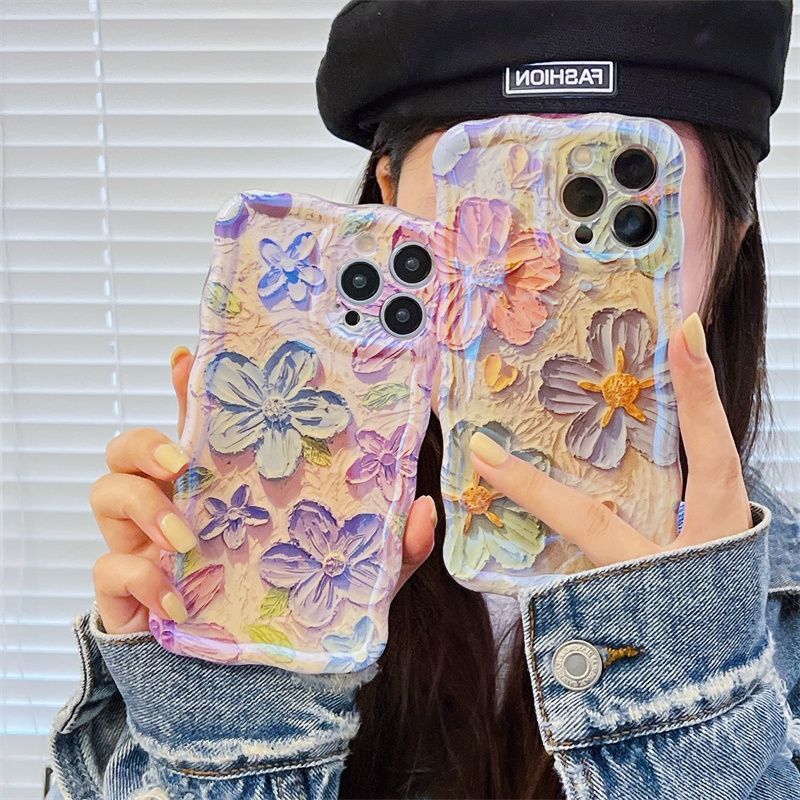 Blue Light Oil Painting Flower Phone Case For iPhone 14