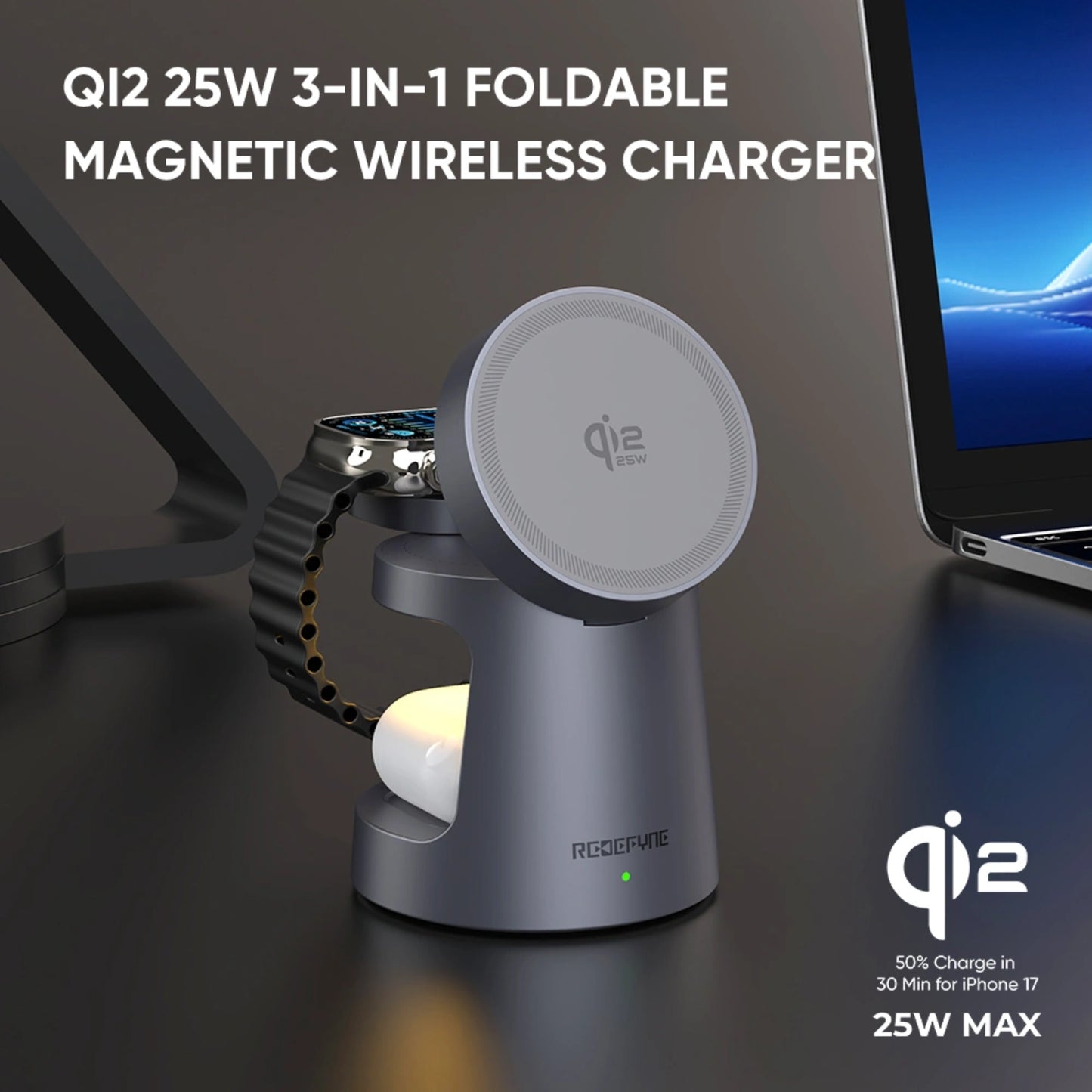 REDEFYNE Qi2.2 25W 3-IN-1 Foldable Magnetic Wireless Charger (with 45W USB-C Charger Plug & 1M USB-C Cable) (Compatible with Apple Watch)