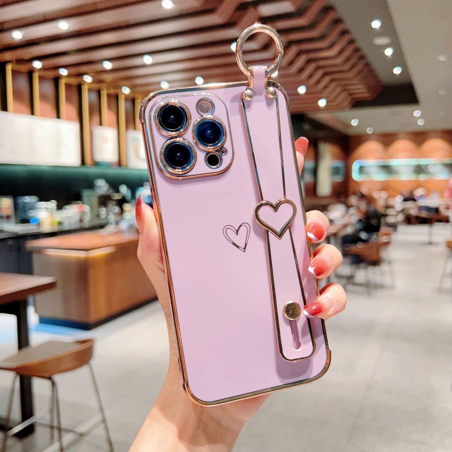 Electroplated Hollow Heart Wrist With Phone Case For iPhone 14