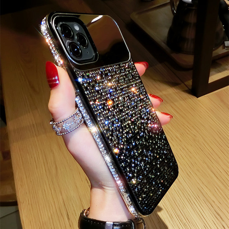 European And American Punk Gradient Rhinestone Makeup Mirror Phone Case For iPhone 14