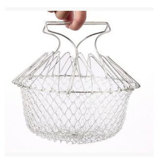 Deep Fry Basket Stainless Steel Multi-function Foldable Chef Cooking Basket Flexible Kitchen Tool for Fried Food Washing Fruits Vegetables