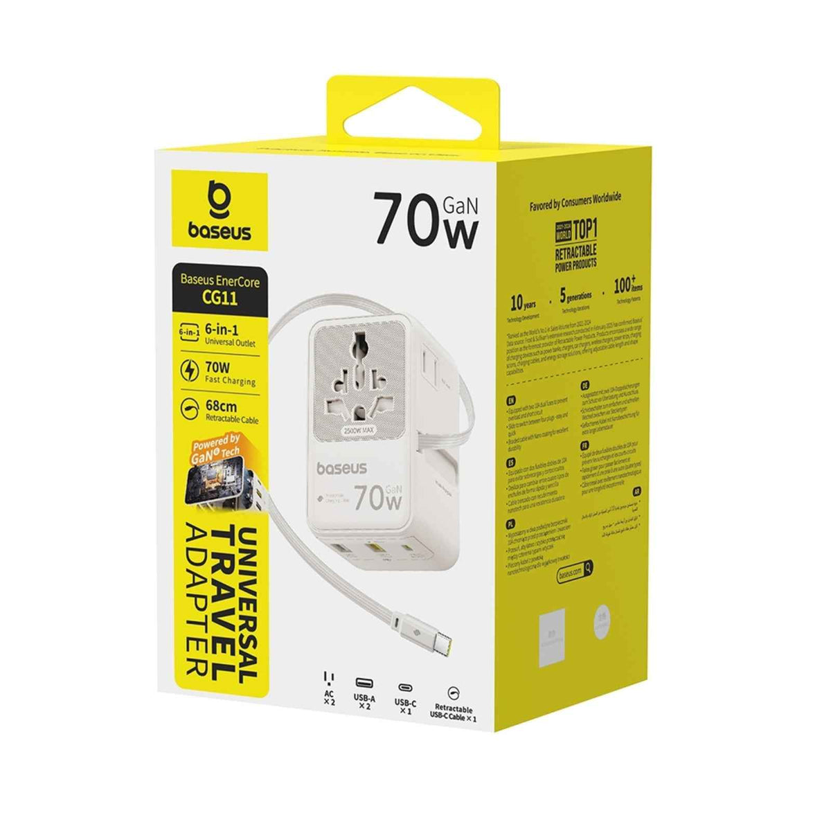 Baseus EnerCore CG11 Universal Travel Adapter with Retractable Cable 2AC+2U+2C 70W Off