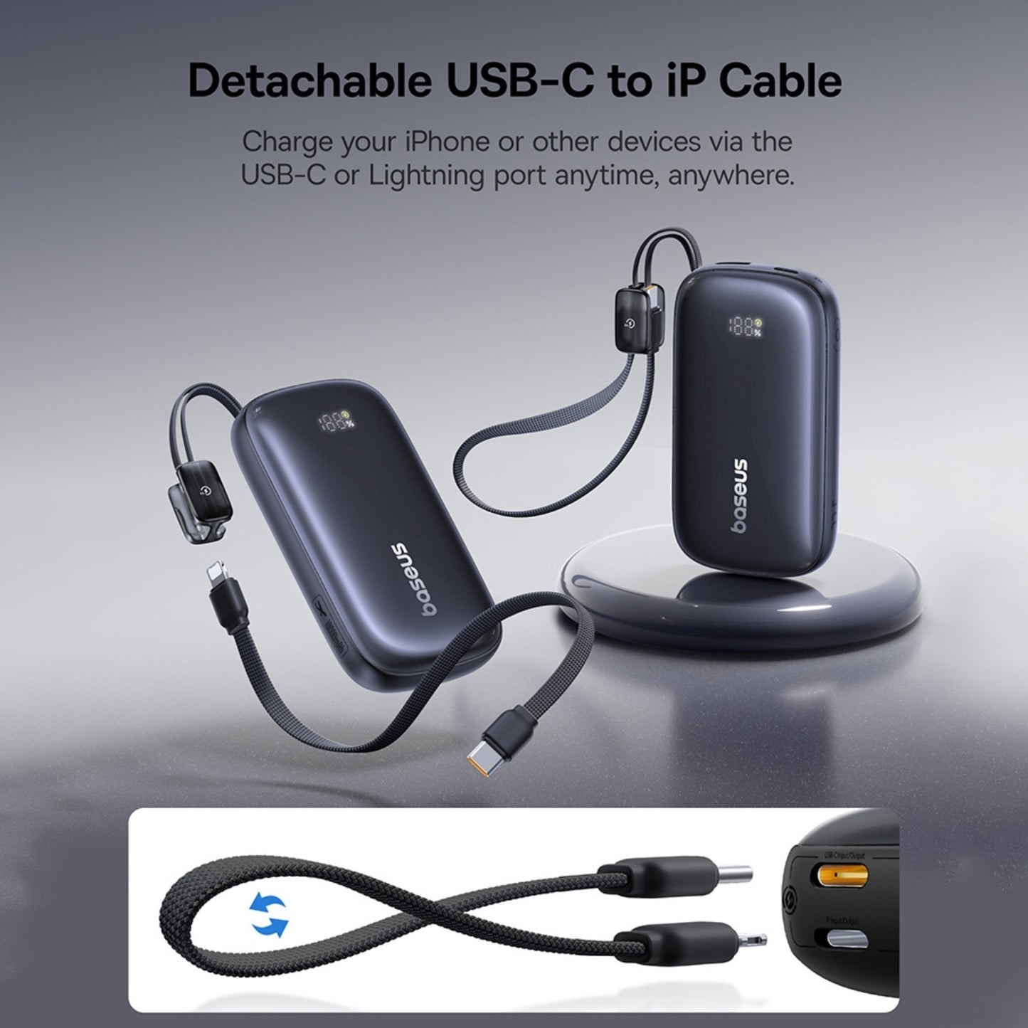 Baseus EnerFill FC21 Qpow 3 Ultra Digital Display Power Bank With Detachable Cable 10000mAh 22.5W
